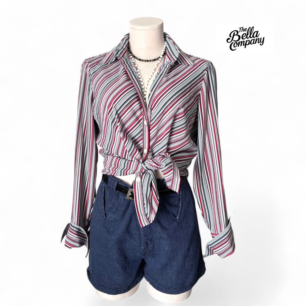 Vintage‎ Worthington Pinstripe Blouse Small Red Gray Stripe Button Front Shirt